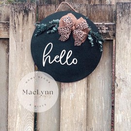 Black and white hello wood round door hanger sign with cheetah bow - Size: 18inch round