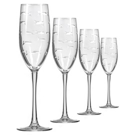 Rolf Glass School of Fish 8oz Champagne Flute Glass | Toasting Flute Glasses | Lead-Free Glass | Etched Flute Glasses | Proudly Made in the USA (Set of 4)