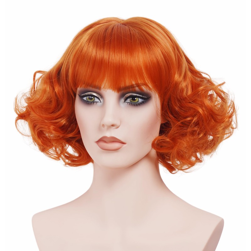 Rugelyss Short Curly Wavy Auburn Copper Red Wig with Bangs