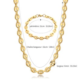 AFSTALR Men's Stainless Steel Necklace 6/9/11 mm Coffee Bean Chain Bracelet Set for Men Silver/Gold/Black 51/56/61 cm Hip Hop Necklace Plate Chain for Men, Stainless Steel, No Gemstone