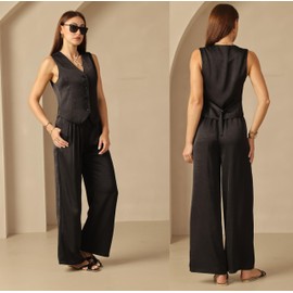 Women's 2 Piece Sets Textured Silky Outfits Vest Waistcoat Dress Casual Wide Leg Pant Suits, Black, Medium