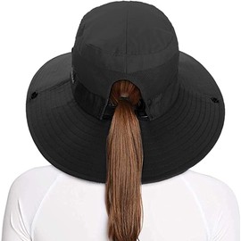 Rosoz Ponytail Sun Bucket Hats for Women UV Protection Foldable Mesh Wide Brim Hiking Beach Fishing Summer Safari