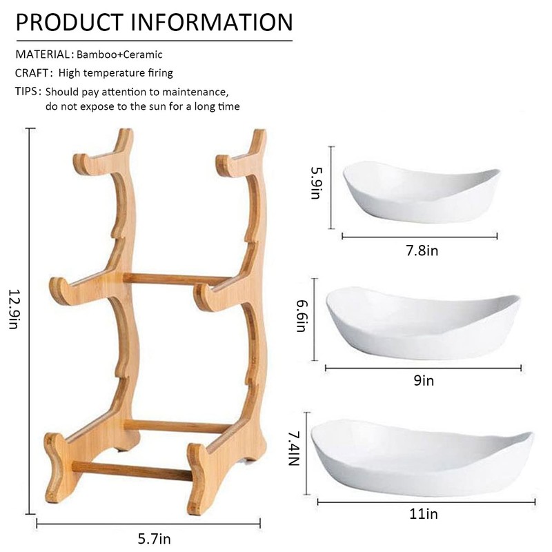 Liywall - 3 Tier Ceramic Fruit Bowl With Bamboo Wood