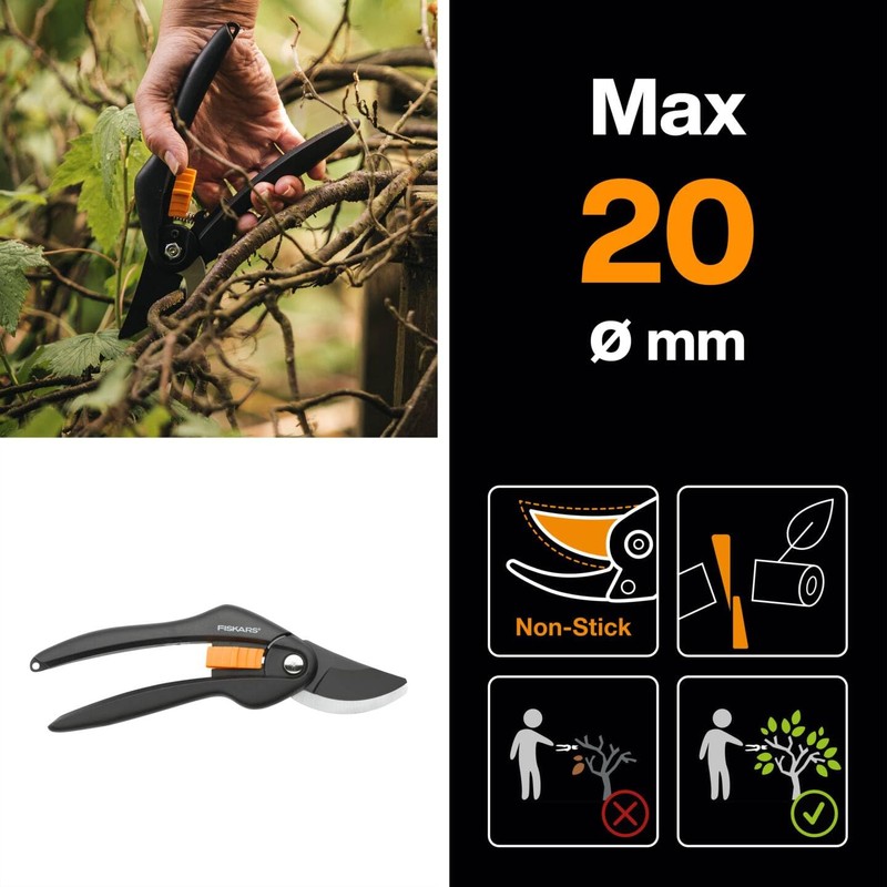 Fiskars SingleStep Pruner Bypass P26, Non-stick coating steel blades, Length:
