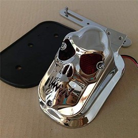 XKMT- Chrome Red Tombstone ABS Plastic Skull Brake Tail Light Signal Compatible with Chopper FLSTN Deluxe [P/N: RS058]