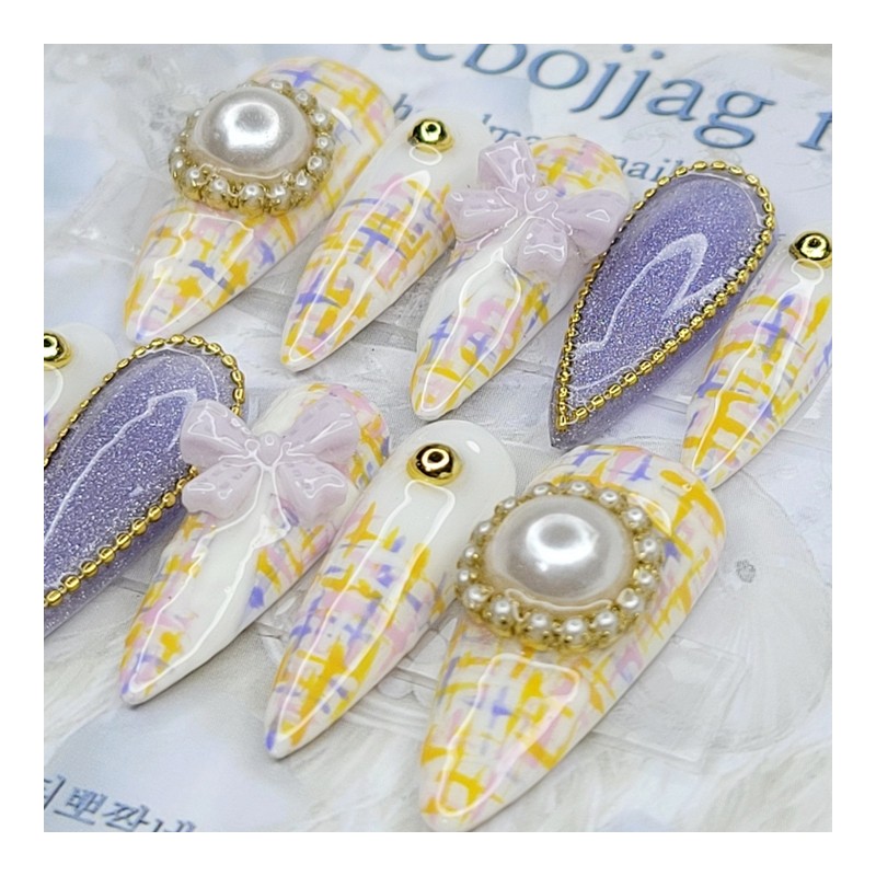 Pearl tweed handmade nail tips - lipstick / 진주 트위드