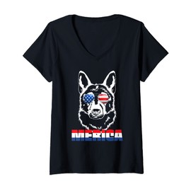Womens German Shepherd 4th of July Shirt Merica USA Flag V-Neck T-Shirt