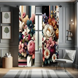 Ambesonne Modern Window Curtains Pack of 2, Colorful Jumble of Garden Aura Leafy Spring Floral on Abstract Lines, Lightweight Set & Rod Pocket, 4 Panels of - 28" x 84", Rose Eggshell Multicolor
