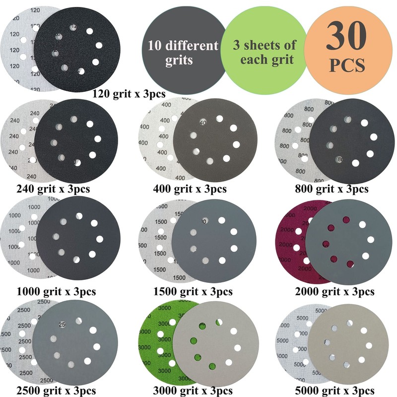 Rouswee 30 PCS 5 Inch 8 Hole #120-#5000 Sanding Discs