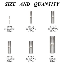 Non Insulated Butt Connectors Tinned Copper Wire Splice Connectors 24-22 AWG 22-16 AWG 16-14 AWG 14-12 AWG 12-10 AWG 8 AWG Crimp Wire Terminal Connectors for Automotive, Electrical and Home, 240PCS