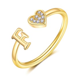 TOLOWOBK Gold Rings for Women Girls Initial Cubic Zirconia Gold Plated Open Heart A-Z Letter Rings Adjustable Dainty Engagement Ring Pinky Valentines Anniversary Birthday Gifts for Women Teens