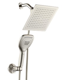 DreamSpa Ultra-Luxury 9" Rainfall Shower Head/Handheld Combo. Convenient Push-Button Flow Control Button for easy one-handed operation. Switch flow settings with the same hand! Satin Nickel