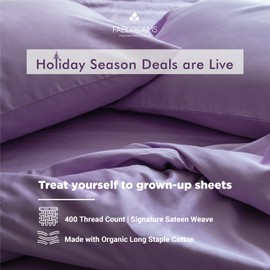 Fabdreams 100% Organic Cotton Twin XL Size Sheet Set | 400 Thread Count Sheet Set | GOTS Certified | Long Staple Cotton | Upto 17" Elasticised Deep Pockets | Soft Silky Shiny | Lilac