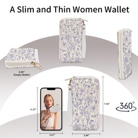 Women Wallet, Credit Card Holder Wallet for Women Wristlet RFID Blocking, Cute Ladies Purse with Zip Around Phone Holder, Travel Large Capacity Women's Clutch Hand Strap Print Blue Flower Modern