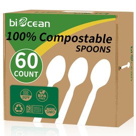 Biocean 100% Compostable Spoons 60 Count Disposable Soup Spoons Heavy Duty Utensils Disposable Silverware Eco Friendly Flatware for Party Camping Picnics Wedding-Ivory White