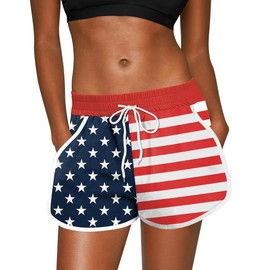 For G and PL Women's 4th of July Casual Patriotic Shorts Independence Day Drawstring Swim Trunks USA Flag L