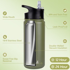 HASLE OUTFITTERS Insulated Water Bottle Kids 16 oz Double Wall Vacuum Stainless Steel Water Bottle Leak Proof for School Wide Mouth with Straw Lid & Spout Lid Keeps Cold and Hot(Army Green,1pack)