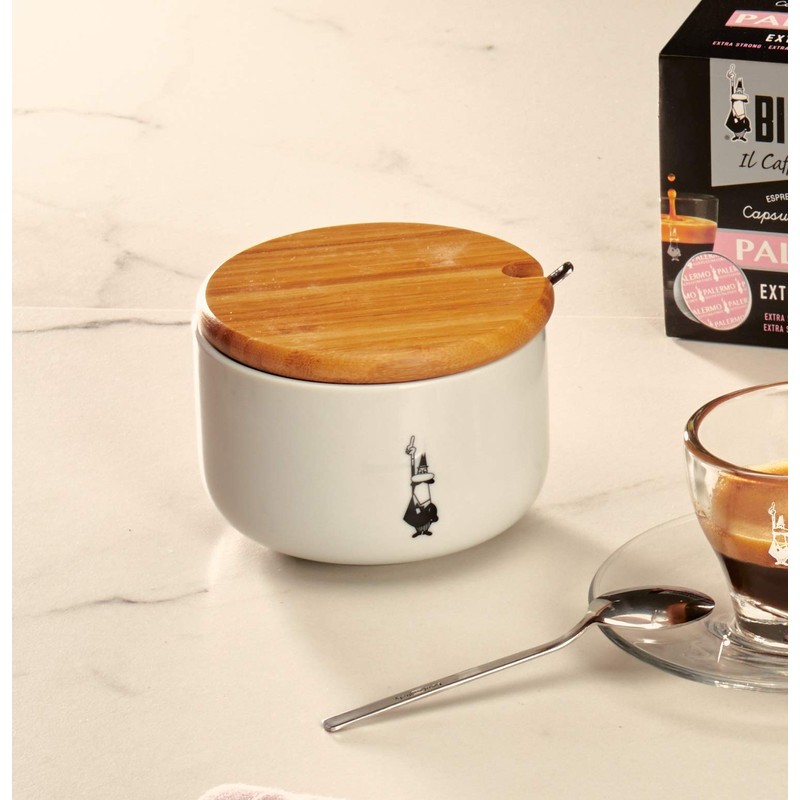 Bialetti Y0TZ102 Zuccheriera (con Coperchio Bamboo), Porcellana, White