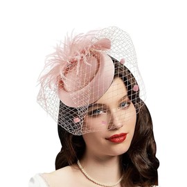 Fascinators Hat Women Tea Party Headband Pillbox Veil Cocktail Mesh Feathers Hair Clip Kentucky Derby Hat Wedding (US, Alpha, One Size, Blush Pink)