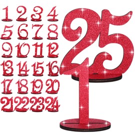 Burbell Glitter Table Numbers 1-25 Wooden Table Numbers for Wedding Reception Standing Seat Place Cards with Holder Base for Wedding Party Event Catering Receptions Banquets(Red)