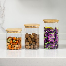 yiwilebi Glass Food Storage Jars with Bamboo Lids, Clear Square Airtight Kitchen Storage Container Sets, Stackable Glass Pantry Food Canisters for kitchen Counter, Candy, Cookie, Rice (800ml/27oz)