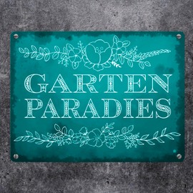 Gartenparadies Metal Sign 15 x 20 cm in Turquoise with Floral Ornaments as a Pretty Decoration for Your Own Garden, Allotment or Terrace for Everyone with Green