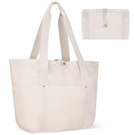 Outplea 18L Foldable Tote Bag with Zipper for Women, Small Lightweight Multipockets Shoulder Bag for Teacher, Waterproof Handbags for Travel Beach, Beige