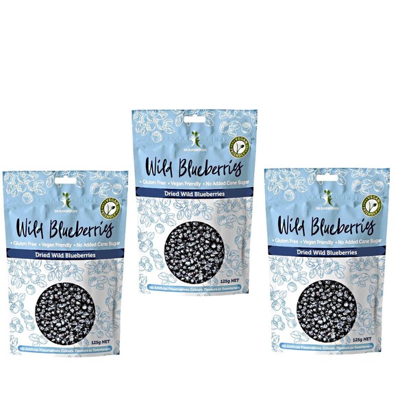 3 x 125g DR SUPERFOODS Dried Super Wild Blueberries * Nutritious & Antioxidants