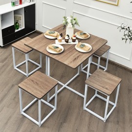 Tangkula Compact Dining Table Set for 4, Small Kitchen Table Set with Square Stools and Metal Frame, Perfect for Small Spaces, Home Kitchen Bar and Apartments