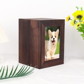 Pet Memorial Urn, Wooden Funeral Cremation Urn with Photo Frame Pine Wood Memorial Dog Urn Memorial Keepsake Memory Box Photo Box Pet Cremation Urn (Dark Brown)
