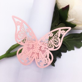 Wlirantim Butterfly Pink Paper Napkin Rings Set of 100 pcs，3D Laser Cut Foil Cutout Paper Napkins Holder,Disposable Serviette Rings for Tables,Decorations,Wedding,Dinner,Party Decor