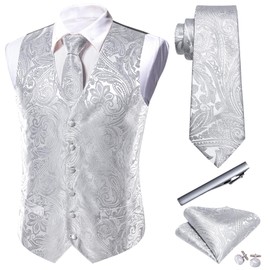 Barry.Wang Flower Waistcoat Vest Necktie Set Pocket Square Cufflink Wedding Business Formal Dress (Silver Gray)