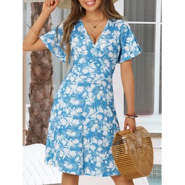 FENSACE Summer Dresses for Women Knee Length Tropical Short Hawaiian Dress(Blue White Floral-52,Small)