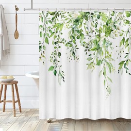 Tititex Greenery Eucalyptus Shower Curtain Sets, Bright Green Watercolor Leaves on The Top Plant with Floral Bathroom Decoration 72x72 Inch with Hooks
