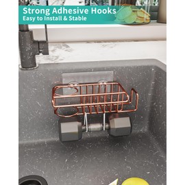 HapiRm Sponge Holder for Kitchen Sink, No Drill Kitchen Sink Caddy Organizer, Rustproof and Waterproof Dish Sponge Holder - Rose Gold