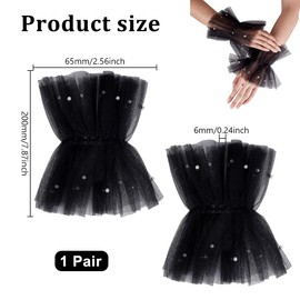 AHANDMAKER White Pearl Short Lace Fingerless Gloves, Black Pearls Tulle Wedding Glove, Pearls Mesh Tulle Glove Wrist Cuffs Gloves for Women Hallowmas Masquerade Wedding Party Tea Party