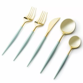 Decorline 40 Pc Elegant Gold and Turquoise Two Tone Cutlery Premium Plastic For Parties