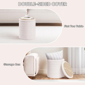 PINPLUS Round Storage Ottoman Foot Rest Stool with Tray Velvet Sherpa Folding Storage Ottoman,Boucle Foot Rest for Living Room, Bedroom, Dorm（White）