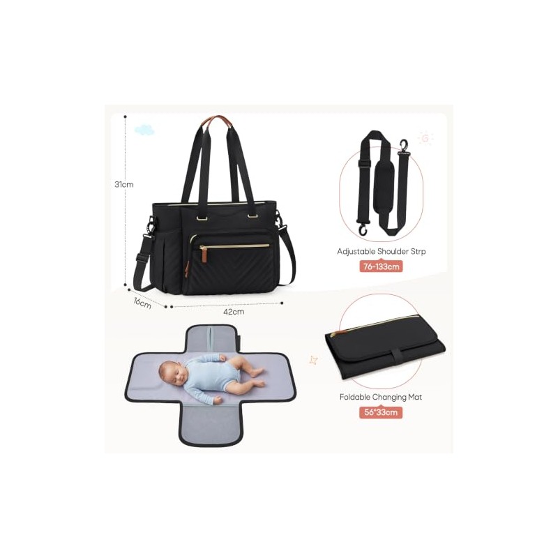 RAINSMORE Baby Changing Bags Large Nappy Tote Bag with Changing