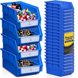Chengu 24 Pack Small Plastic Storage Bins Bulk 10.6" X5.7"x5" Hanging Stackable Storage Organizer Bin, Blue Stackable Containers for Garage, Pantry Hardware Small Parts Nuts Bolts Tool Holder