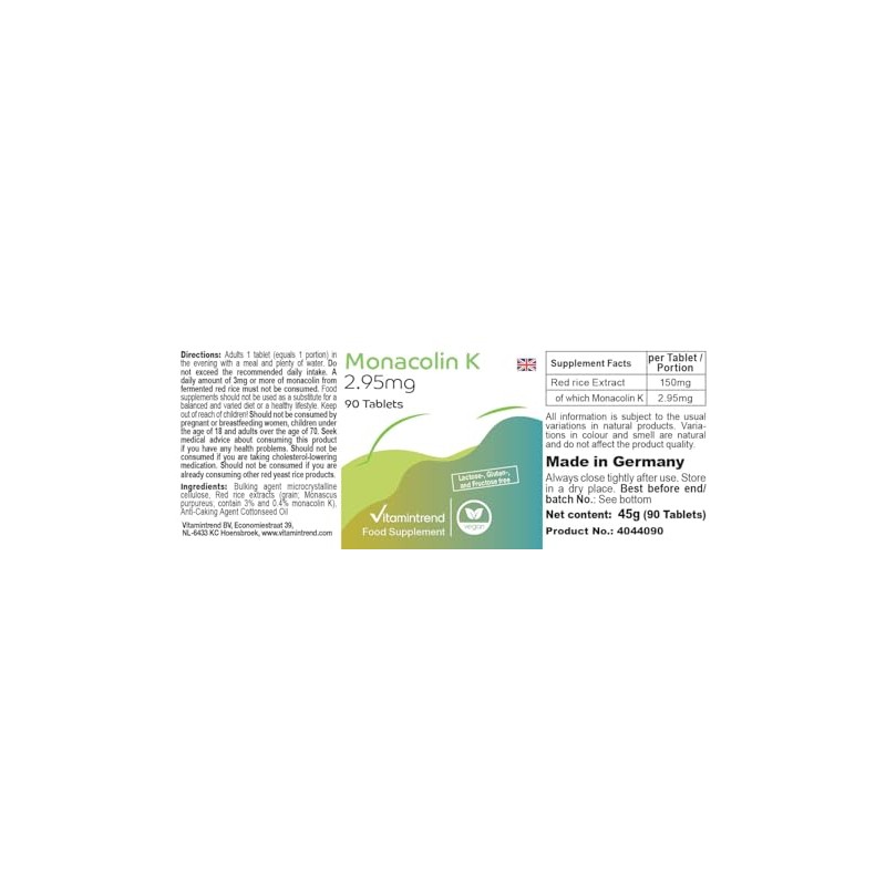 Monacolin K 2.95 mg - 90 Tablets - Red Rice