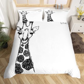 Giraffe Bedding Set Girls,Cute Animals Pattern Comforter Cover Set For Kids Child,Hand Drawn Safari Wildlife Black And White Quality Bed Linen,Decor 2 Pcs Duvet Cover Single Size & Zipper Ties
