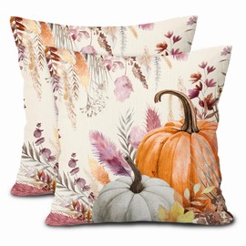 Fall Pillow Covers 18X18 Inch Set of 2 Orange White Pumpkin Purple Flower Decorative Pillow Cases Autumn Thanksgiving Seasonal Cotton Linen Cushion Case Farmhouse Home Decor for Sofa Couch Porch