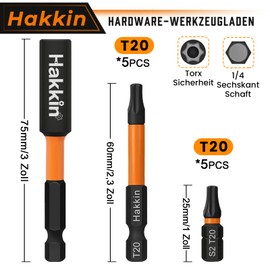 Hakkin 10-Piece T20 Torx Screwdriver Set 1/4 Inch 25 + 60 mm Long Torx Bits Set Magnetic Star Screwdriver with Hole S2 Steel Hexagonal Screwdriver Bit Sets for Impact Wrenches Cordless Screwdriver