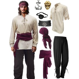Verceco Mens Pirate Costume Outfit Renaissance Costume Men Medieval Outfit With Pirate Pants Shirts Sash Accessories (khaki, XX-Large)