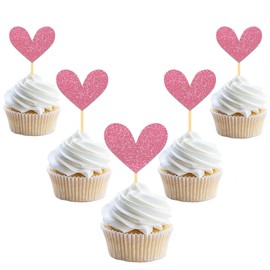 24Pcs Glitter Love Heart Cupcake Toppers for Valentine's Day Decorations, Love Heart Valentine's Day Cupcake Toppers for Wedding Bridal Shower Party Decorations(Pink)