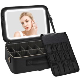 Relavel Makeup Bag with LED Mirror, Large Capacity Travel Cosmetic Organizer with Adjustable Compartments, Brush Holder & Detachable Strap, Black Storage Box for Makeup Artists