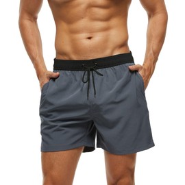 Men's Swimming Trunks with Zip Pocket, Quick-Drying Breathable Swimming Trunks with Mesh Lining, Beach Shorts for Surf Sports Swim Pool, Colour stitching: grey, L
