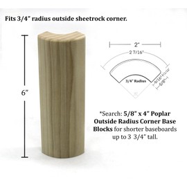 5/8" x 2" x 6" Poplar (Paint Grade) Outside Radius Corner Base Block, Trim Molding for Thin Baseboard (15)