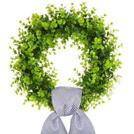 Ovveroche 18 Inch Boxwood Wreath for Front Door Spring Summer Door Wreath with Sash Artificial Weatherproof Greenery Hanging for Wall Window Porch Farmhouse Wedding Decor Indoor Outdoor